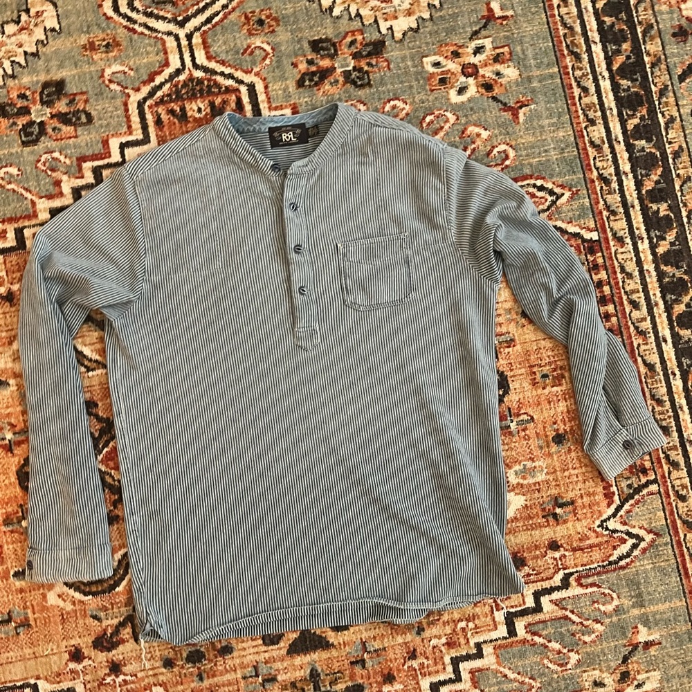 RRL Engineer French Striped pull over shirt, size large